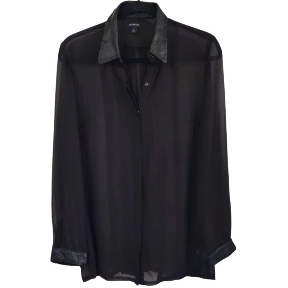 True Religion Black Sheer Blouse With Genuine Leather Cuffs And Collar Size L